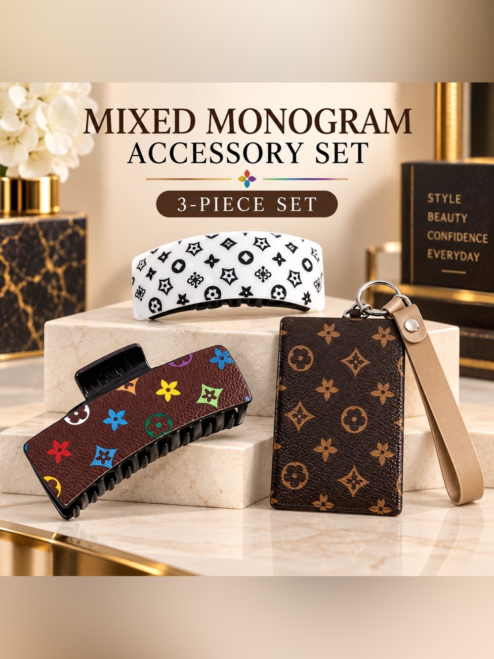 Mixed Monogram-Inspired Accessory Set – 3 Pieces